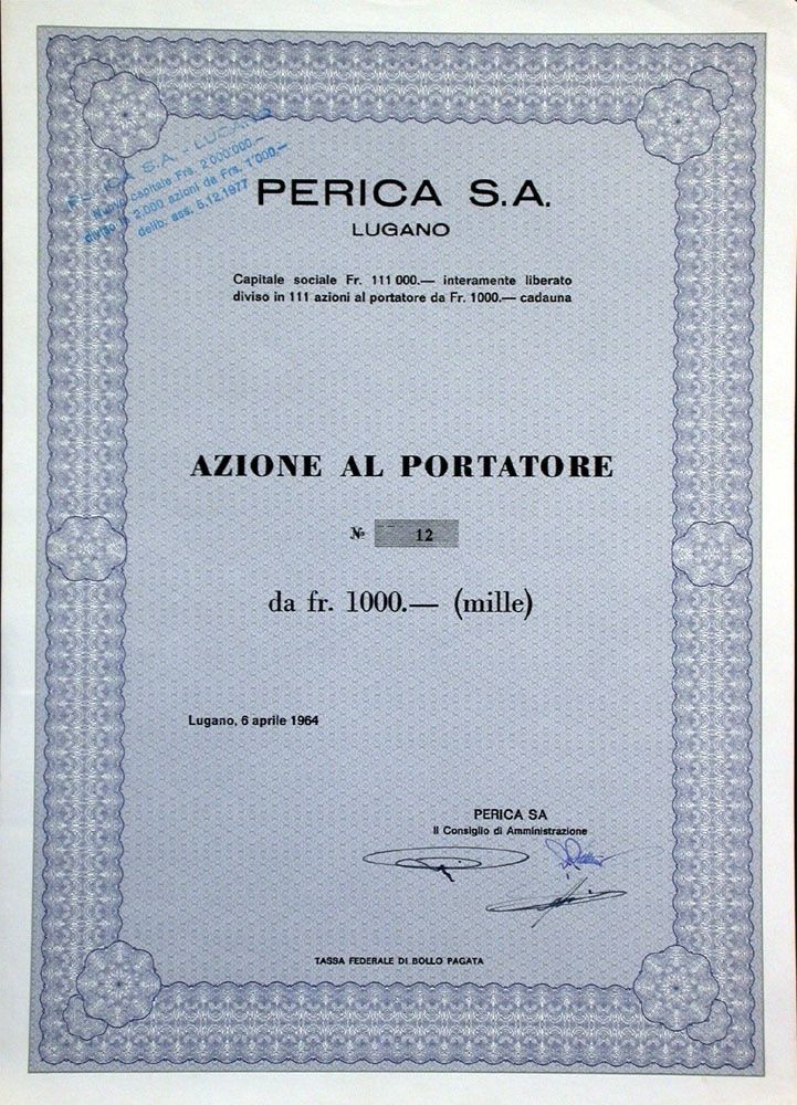 Documents: Perica SA, Lugano - 1964 – D'occasion à Solothurn par Sgasche