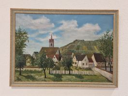 Gemälde Kirche und Rebbergen, signiert R. Zettl 1946