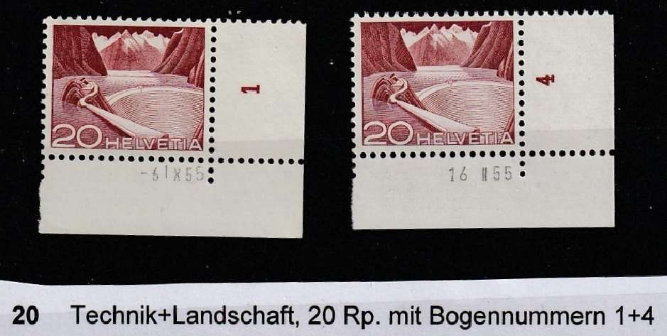 Tutti i francobolli: Technik+Landschaft, 20 Rp. mit Bogennummern 1+4 – Nuovo (secondo la descrizione) da Jegenstorf venduto da Wintersport
