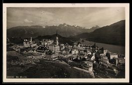 AK St. Moritz, Ortsansicht mit See und Bergen