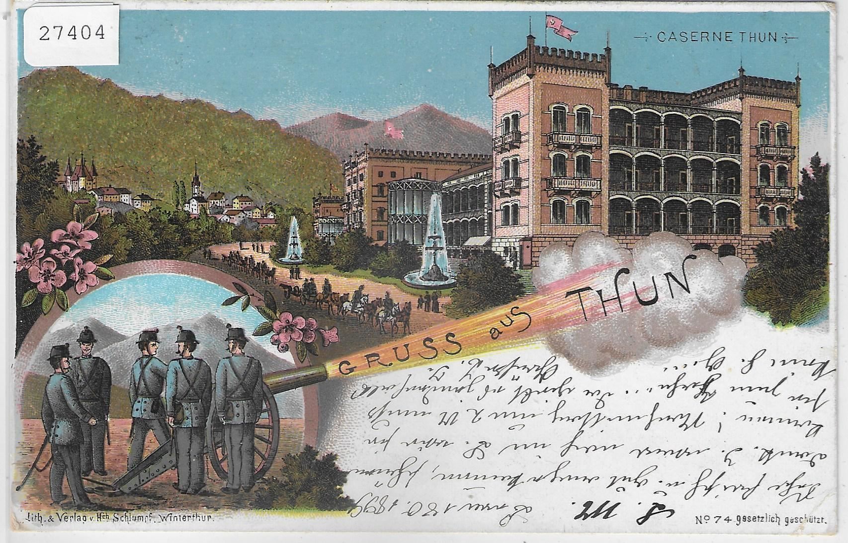 Cartoline postali: Gruss aus Thun - Caserne - Litho 1899 – Usato da Ettingen venduto da Kartenplanet