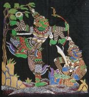 Thailand: 2 Kunstdrucke auf Seide, Thai-Motive, je 30x30 cm