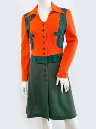 Kleid Jersey XS langarm orange-oliv vorne offen VINTAGE 70s