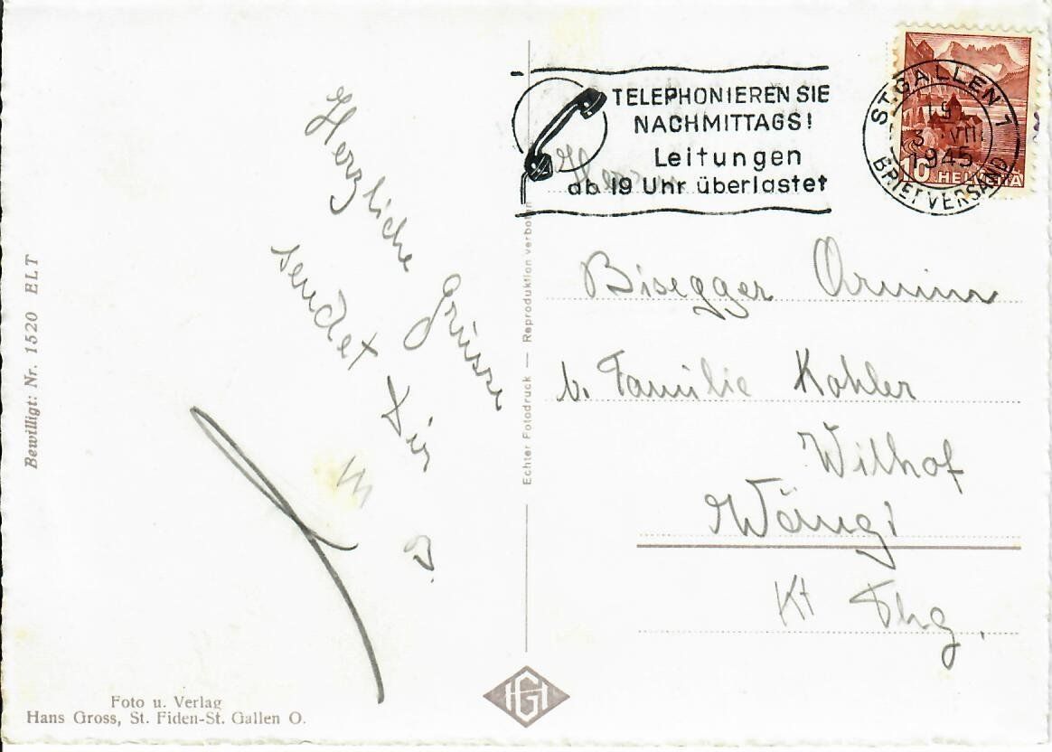 Ansichtskarten: St.Gallen - Wildpark  1945 – Gebraucht aus Hochdorf von Ziegel-16 1