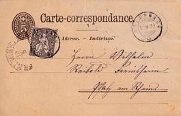 1879: Sitzende Helvetia Nr. 30 auf 5Rp. GS-PK, von Erlenbach