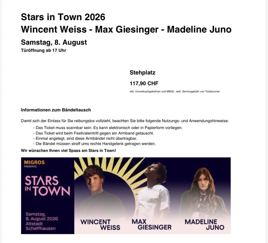 Billets: Stars in Town Ticket – Neuf (Voir description) à Zürich par Wolkenfest