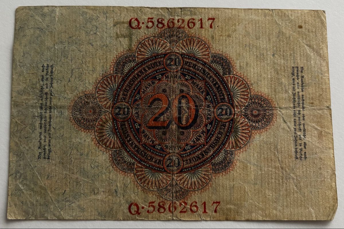 Banknoten: Deutschland 20 Mark 1914 – Gebraucht aus Algetshausen von Carrhard 1