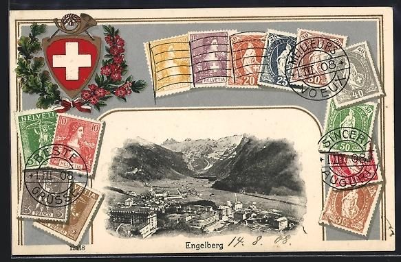 Ansichtskarten: Engelberg, Ortsansicht mit Briefmarken – Gebraucht aus Berlin von bartko-reher