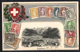 Engelberg, Ortsansicht mit Briefmarken