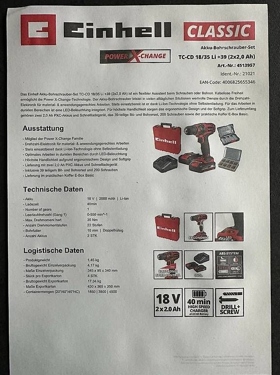 Einhell Trapani: Einhell Akku-Bohrschrauber-Set TC-CD 18/35 Li +39 – Nuovo e nell'imballaggio originale da Oberuzwil venduto da annina910 4