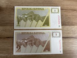 Sloveniën Banknoten 1 + 2 Tolar, Top Zustand, Rarität