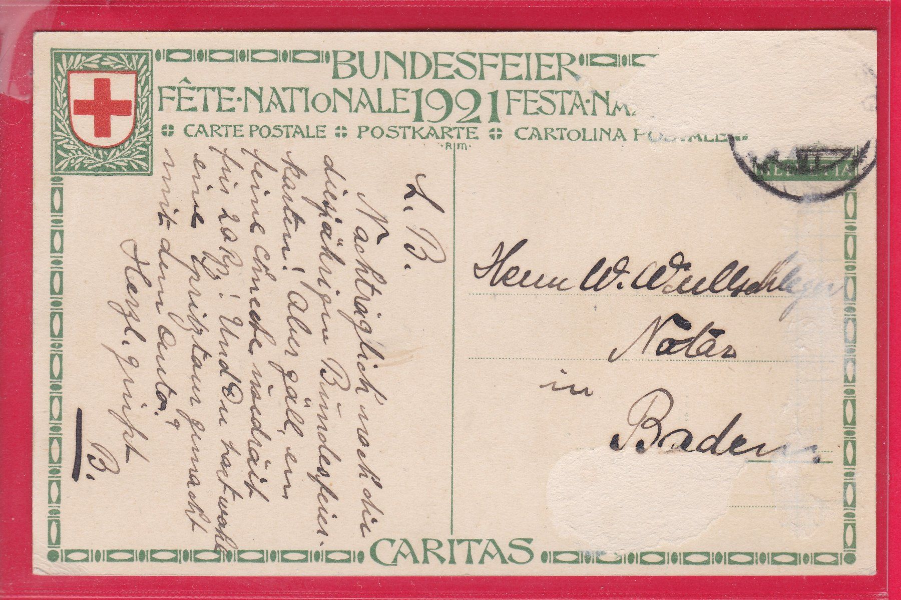 Tutti i francobolli: BUNDESFEIER-POSTKARTE, 1921, KRANKENPFEGERIN – Usato da Oberrieden venduto da Gebirgsstelze 1