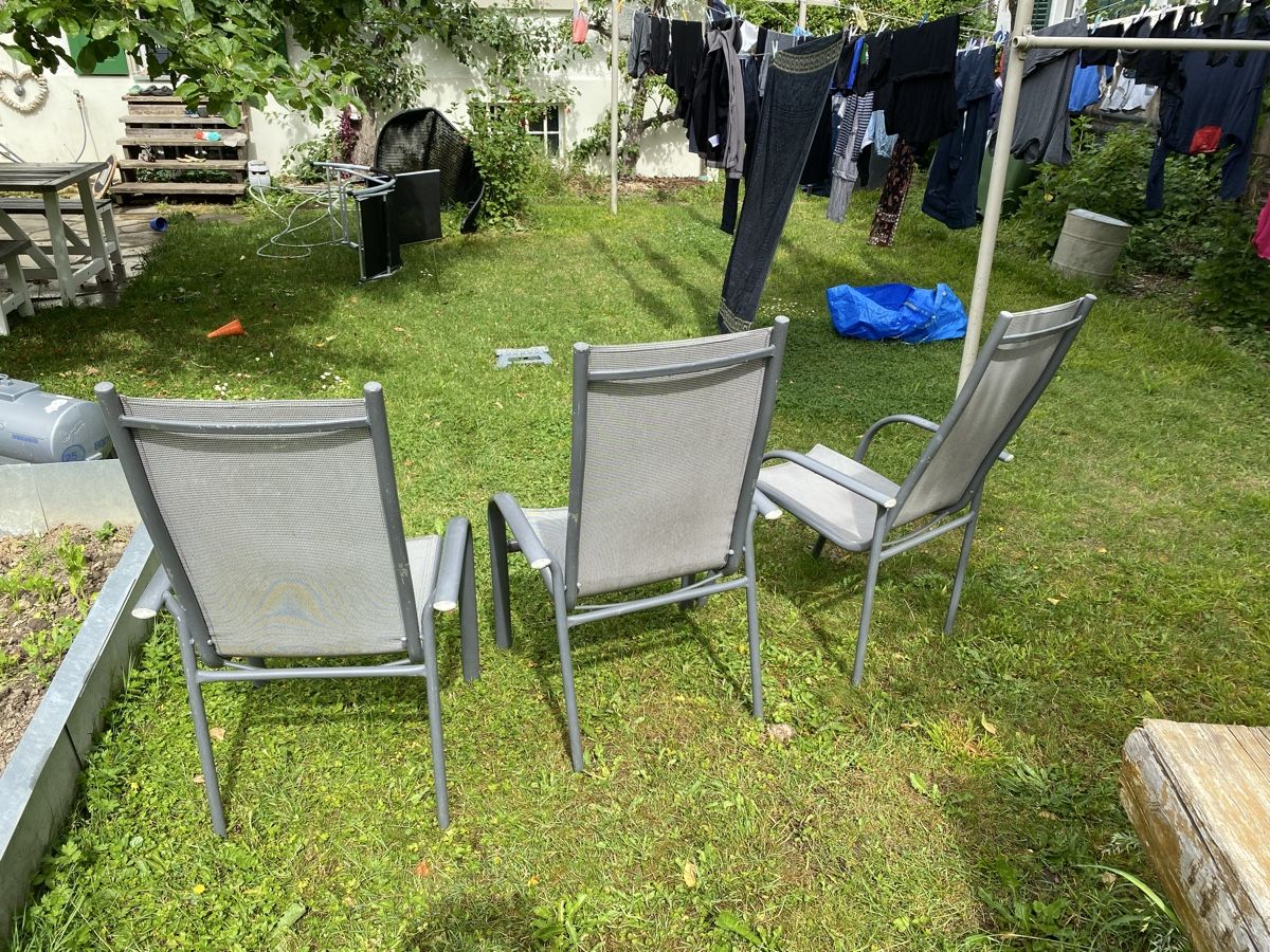 Sedie: 3 Gartenstühle, Aluminium-Rahmen, grau, Kunstoffgewebe – Usato da Dietikon venduto da TobiasB01 1