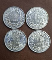 4 Silbermünze zu je 2 Franken 1958, 1965 (2 x), 1967, schön!