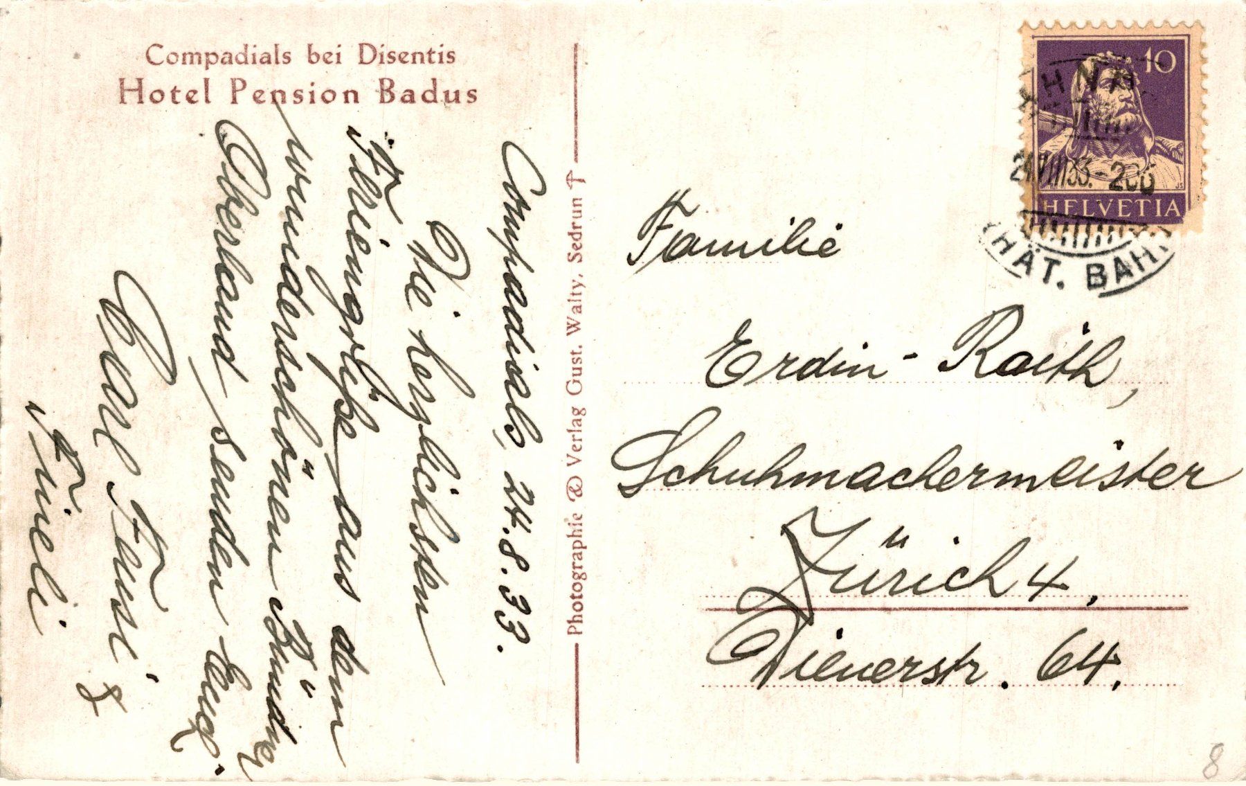 Ansichtskarten: Compadials bei Disentis. Hotel Pension Badus – Gebraucht aus Bronschhofen von Astore 1