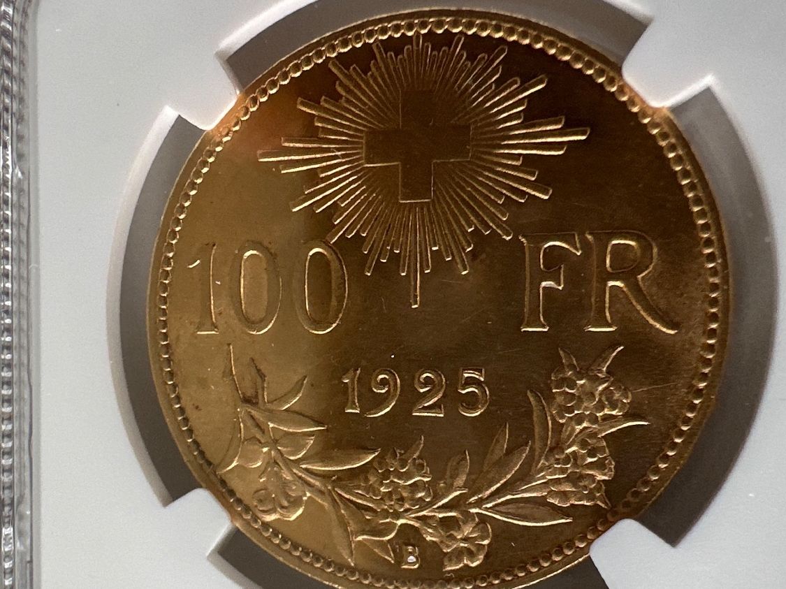Tutti le monete: 1925B Vreneli, 100Fr, G100F, MS62, stgl – Usato da Erlach venduto da gubbe1 1