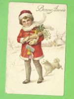 Antike Neujahrskarte, Mädchen mit Hund, um 1900 💕