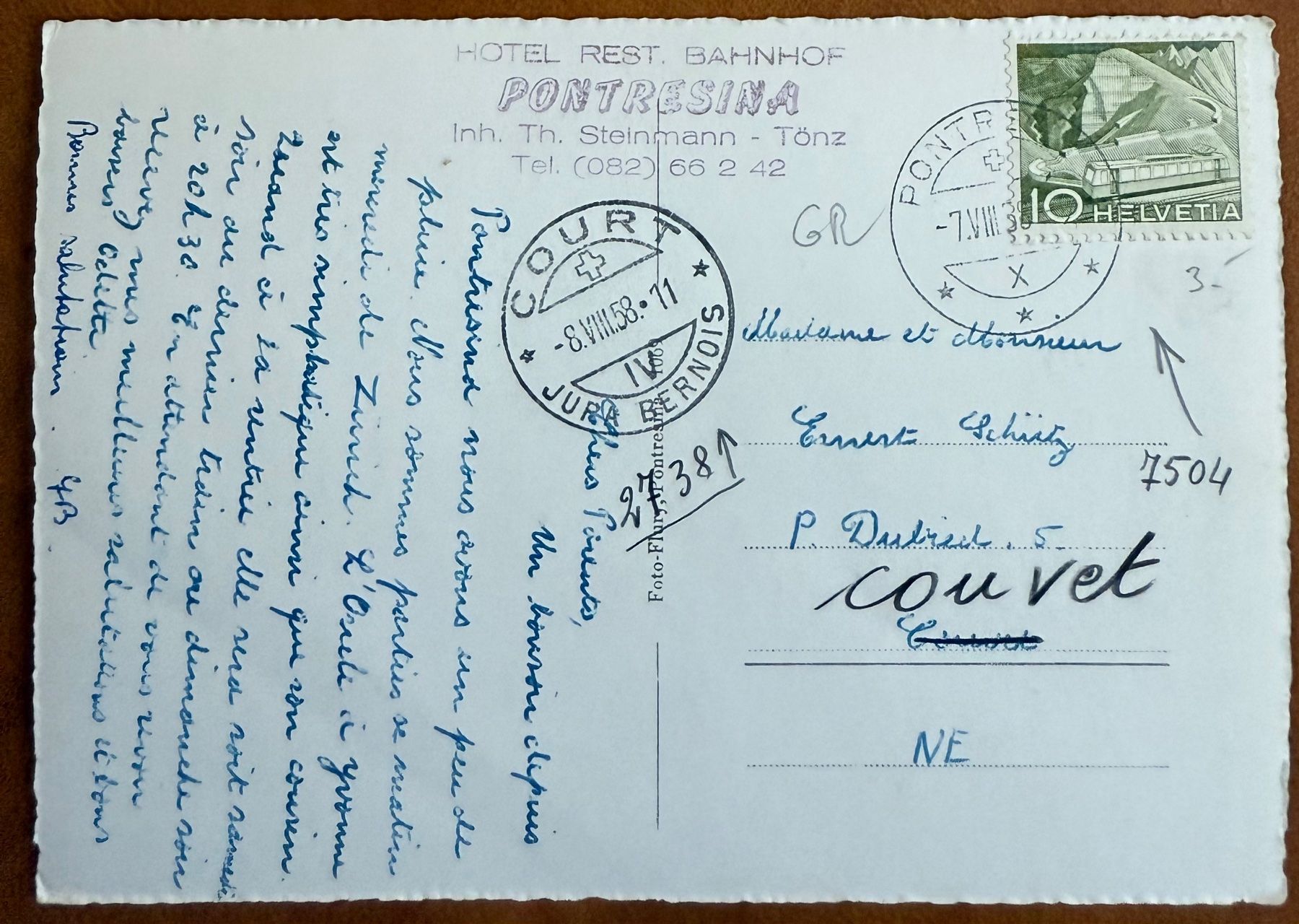 Cartoline postali: Pontresina m. Albula u. Cresta - Mora 1958 – Usato da Lutry venduto da Ediego 1