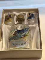 Wintage Set, Glas Flachmann mit 2 Gläser mit Fisch Bemalung