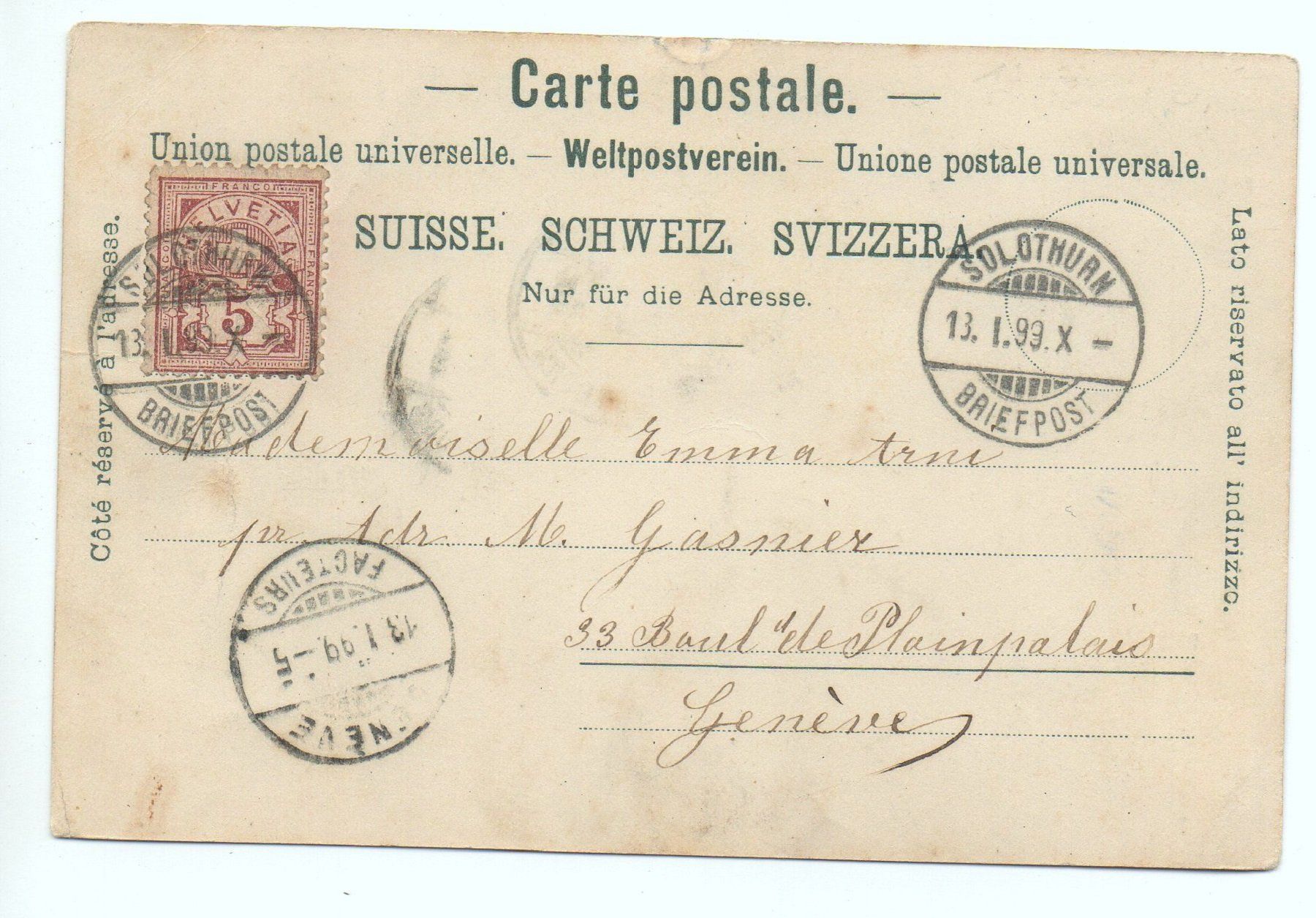 Ansichtskarten: Gruss aus SOLOTHURN gel. 1899 – Gebraucht aus Jona von philajona 1