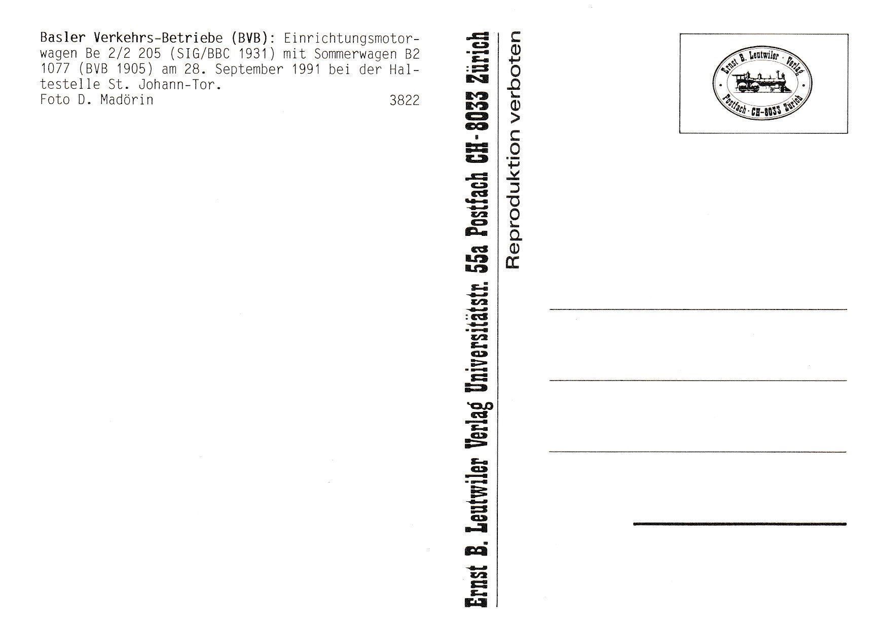 Cartoline postali: Strassenbahn Basel BVB Be 2/2 205 – Usato da Ettingen venduto da Pantograph163 1