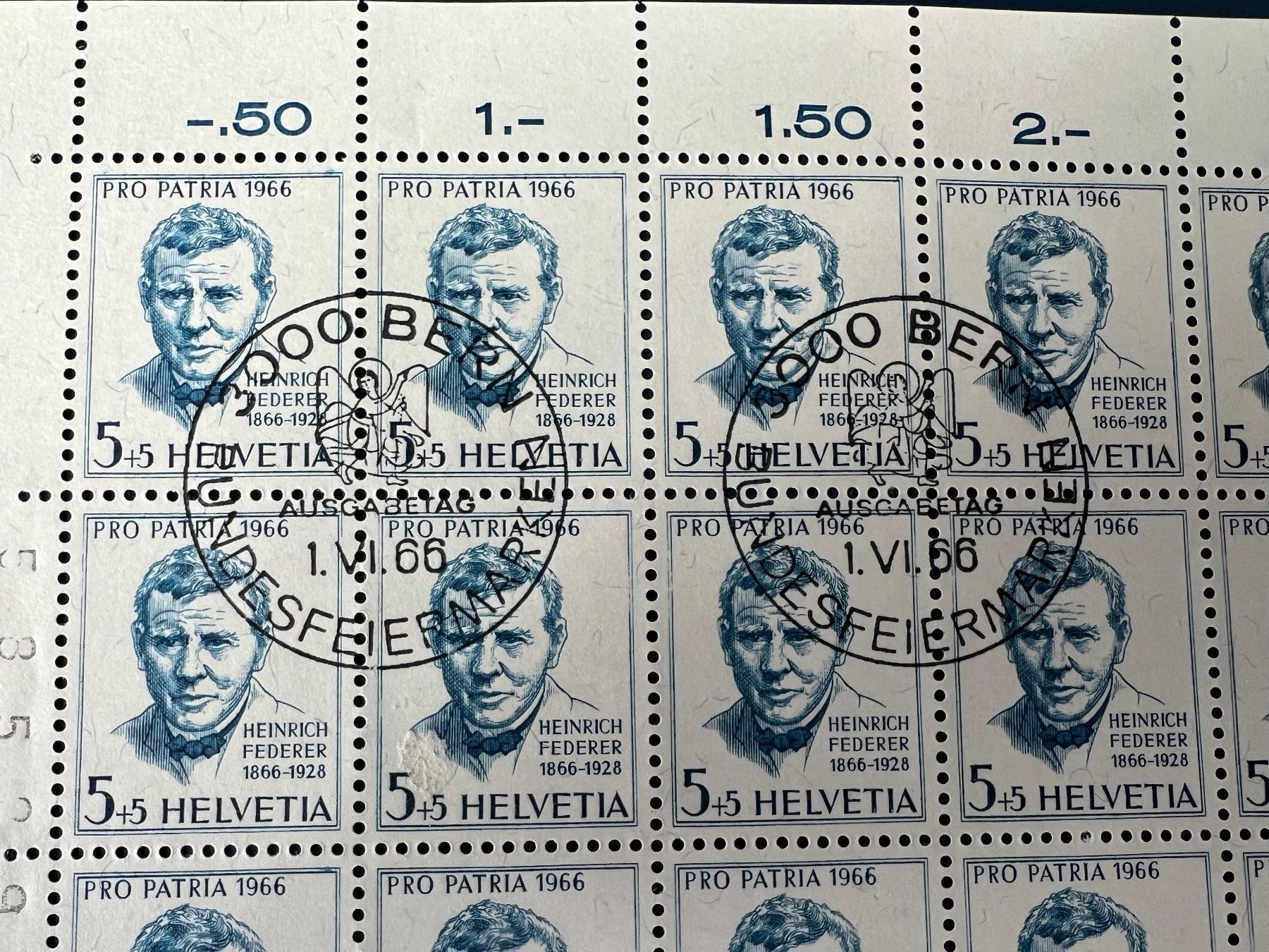 Alle Briefmarken: Pro Patria, 1966, 1 Bogen mit Ersttagsstempel, Abart – Gebraucht aus Oberhasli von Sicurezza 1