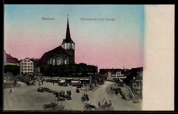 Ansichtskarten: AK Herisau, Obstmarkt mit Kirche – Gebraucht aus Berlin von bartko-reher