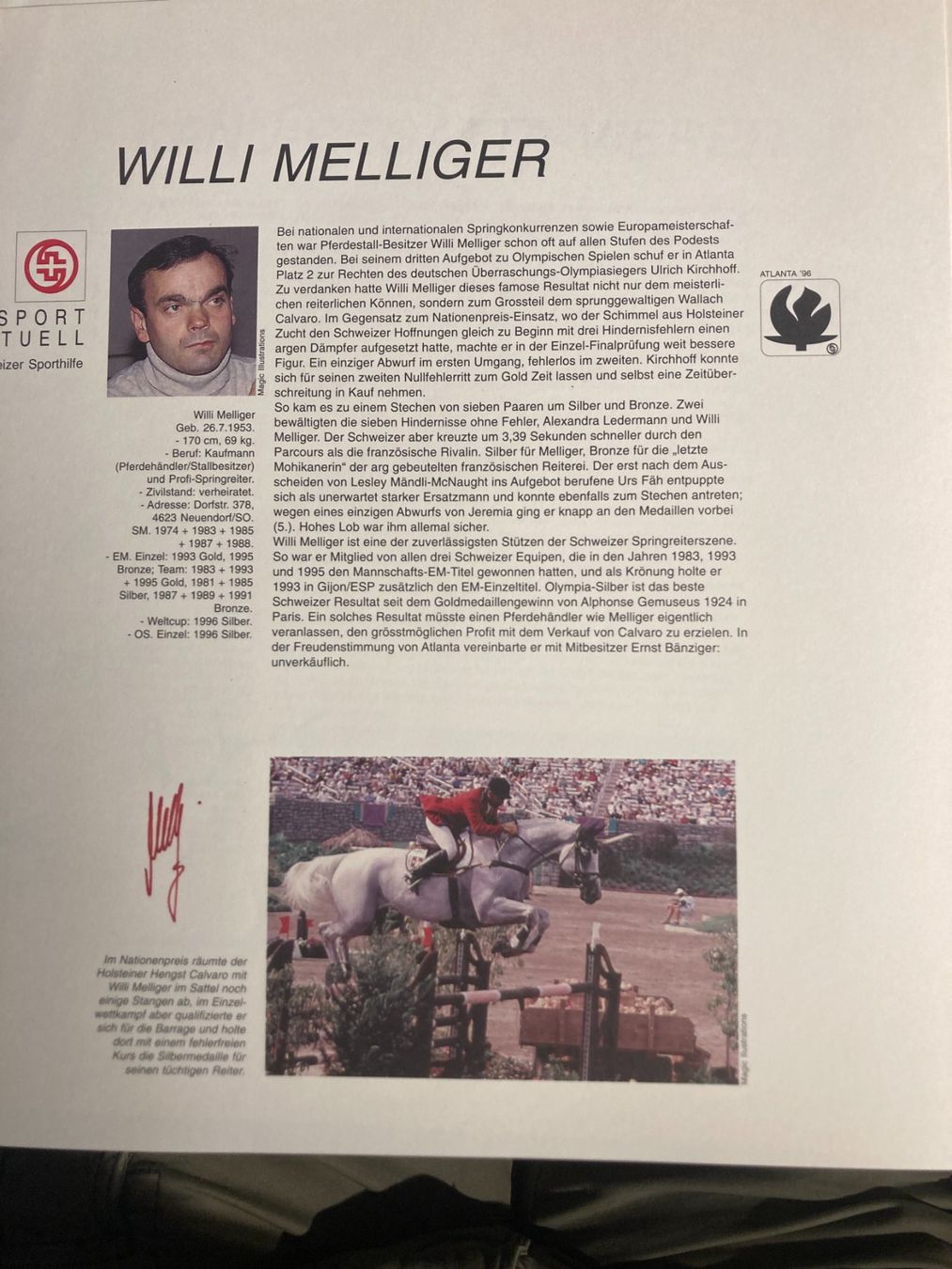 Autografi: Autogramm Willi Melliger Schweizer Olympiateilnehmer 1996 – Usato da Liestal venduto da schnueps