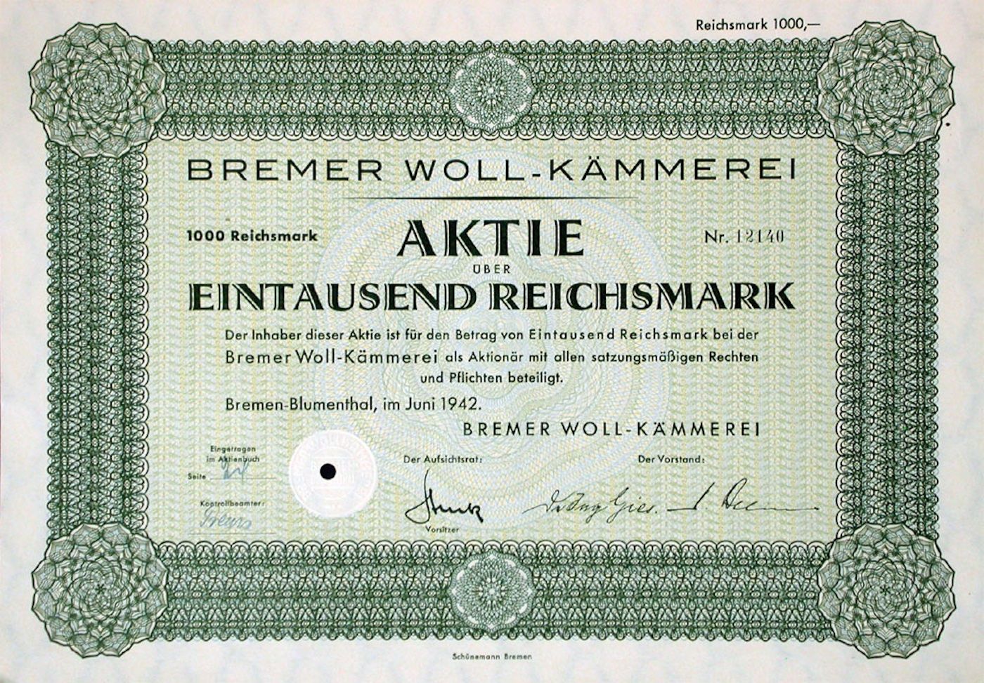 Documenti: Bremer Woll-Kämmerei, Bremen - 1942 – Usato da Solothurn venduto da Sgasche
