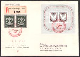 1945, W23+, Block Basel auf illustr. R-FDC (14269)