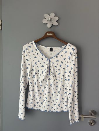 Top à manches longues SHEIN imprimé floral bleu taille L
