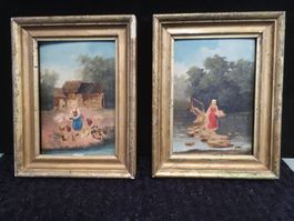 Paire d'huiles sur panneau anciennes