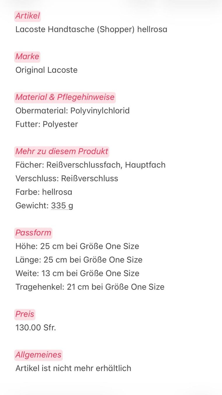 Lacoste Taschen für Damen: Lacoste Tasche – Neu (gemäss Beschreibung) aus Beinwil am See von SteffenG02 6
