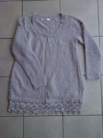 bpc Strick Long Pullover 44 / 46, hellgrau Bordürensaum