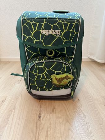 Ergobag cubo school backpack, green dino, with rain cover