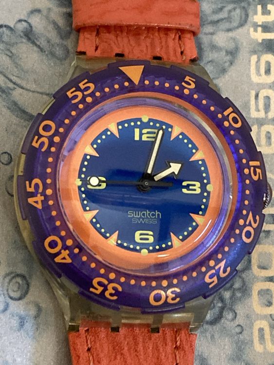 Swatch Scuba 200 SDK 106 Red Island 1992 neu Orange Leder (Nuovo
