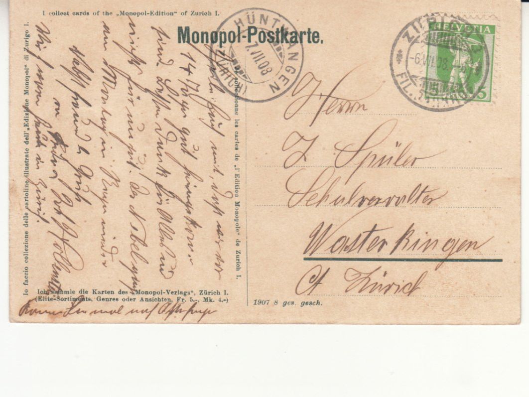 Cartoline postali: Zürich 1908 – Usato da Bürglen TG venduto da StampGraf 1