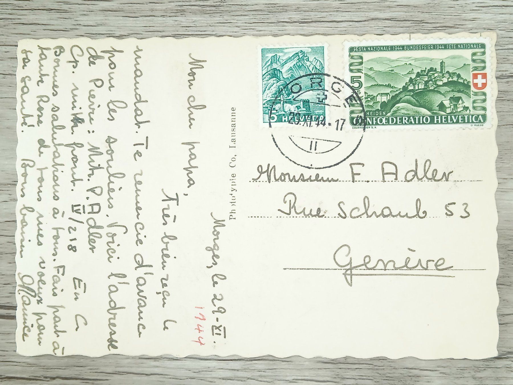 Tutti i francobolli: TR105 Carte Postale Suisse + Timbre 1944 / Morges – Usato da Cousset venduto da Patrick_Collections 1