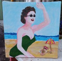 Frau am Strand Badeanzug Beach Ozean Meer Dame Winkende Frau