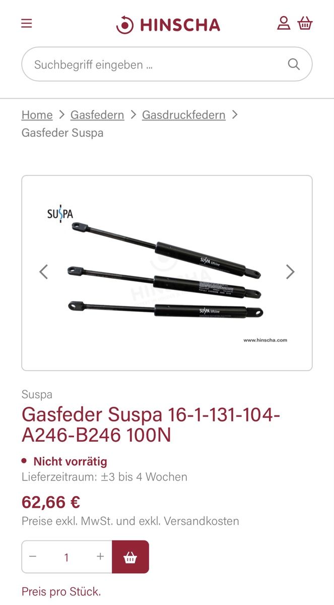 Tutti pezzi di ricambio auto: 2x Gasfeder Suspa 100N Neu – Nuovo (secondo la descrizione) da Schwende venduto da weesli 4