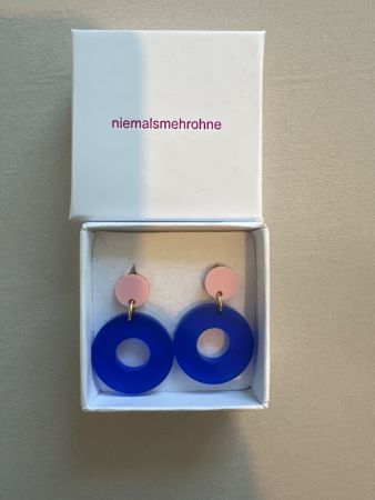 Niemalsmehrohne Blue Circle Earrings, new with box!