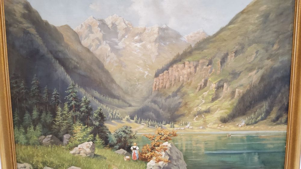 Grand dessin 1944 Peinture sur papier paysage de montagne chalet tableau ancien signé - Décoration