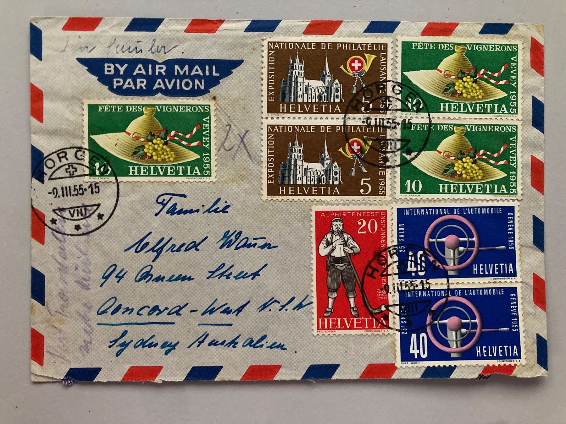Tutti i francobolli: Luftpostbrief mit Sondermarken 1955 – Usato da Solothurn venduto da ehe_8spw