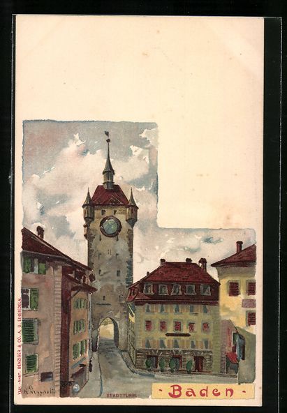 Cartoline postali: Litho Baden, Blick auf den Stadtturm – Usato da Berlin venduto da bartko-reher
