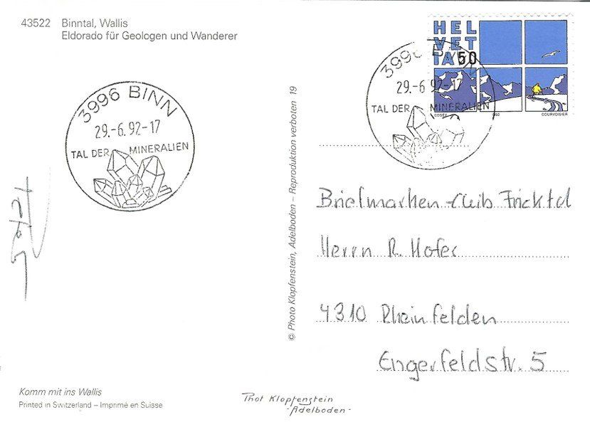 Cartoline postali: AK Gruss aus dem Binntal, Wallis – Usato da Rheinfelden venduto da wil_m7gh 1