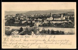 AK Aarau, Ortsansicht mit Fluss und Brücke