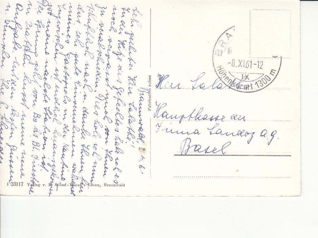 Cartoline postali: Braunwald 1961 – Usato da Bürglen TG venduto da StampGraf 1