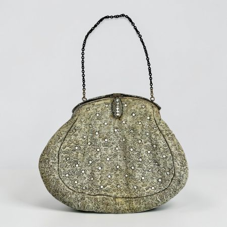 Sac à main vintage en brocart argenté, décoré de cristaux