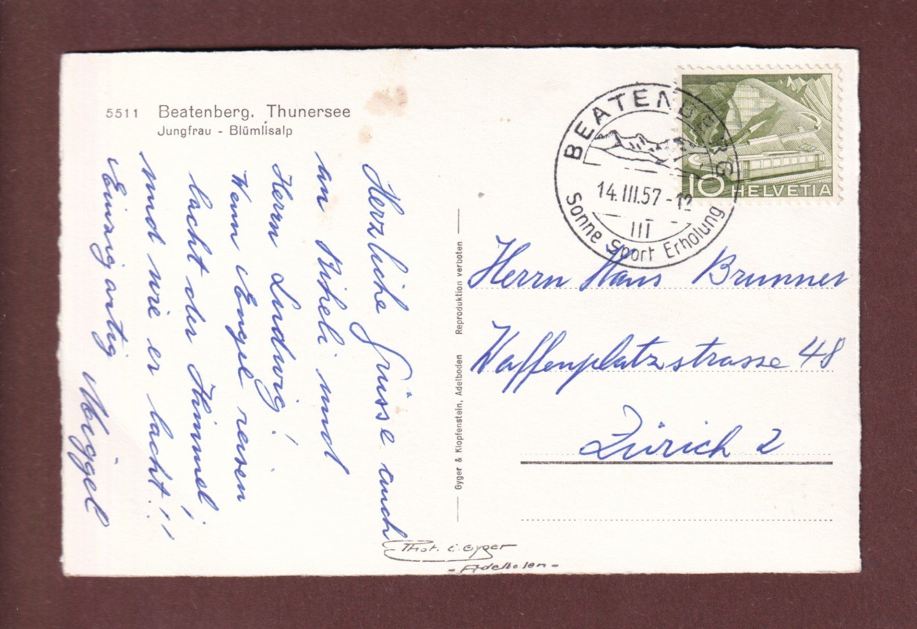 Cartoline postali: BEATENBERG - 1957 – Usato da Pully venduto da nicecards-shop 1