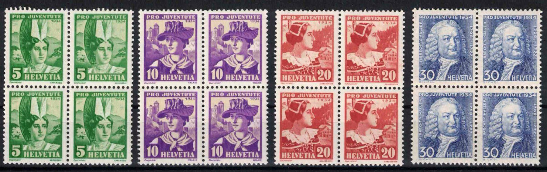 Tutti i francobolli: Pro Juventute 1934,  4er-Block Serie ** – Nuovo (secondo la descrizione) da Nuglar venduto da Stamp88